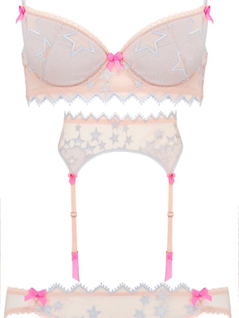 Mimi Holliday Mimi Magic Bra Suspenders & Knickers 3 piece set silver stars